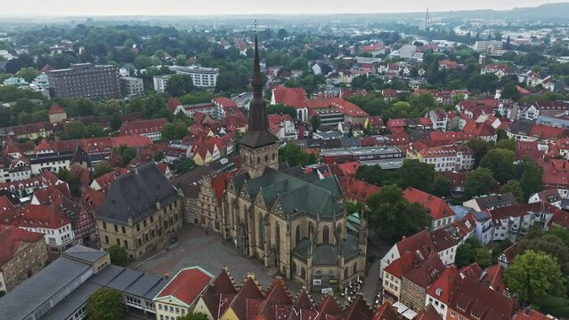 Aerial drone view of Marienkirche in Osnabr&uuml;ck, Germany. St. Marien (St. Mary's Church) is a Lutheran parish and market church in Osnabr&uuml;ck.