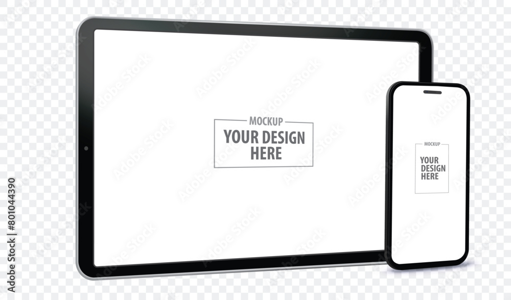 Wall mural tablet computer and mobile phone screen perspective view mockup. digital devices template vector ill