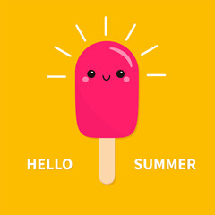 Delicious pink ice cream on stick. Cute cartoon kawaii funny baby character shining. Smiling face with eyes. Hello summer poster design. Trendy childish style. Flat design. Yellow background. Vector