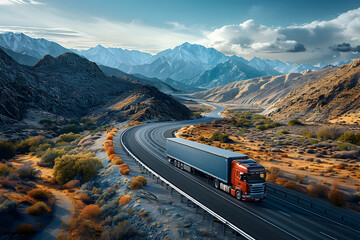 Truck Driving on a Mountain Road in Vibrant Landscape