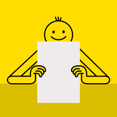 Man holding empty document paper. Black contour line doodle. Businessman people collection. Hands hold clean empty banner template. Minimal line flat design icon. Yellow background Vector illustration