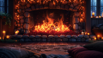 3D A Close-Up View of A Beautiful Fireplace