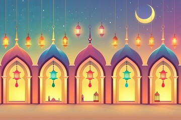 Obraz premium Interior view of a mosque adorned with hanging lanterns and a crescent symbol, creating a unique and cultural atmosphere. Generative AI