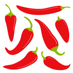 Hot chili pepper icon set. Fresh red chili cayenne peppers. Hot food spices. Healthy lifestyle. Sticker print template. Simple sign symbol. Flat design. White background. Isolated. Vector illustration