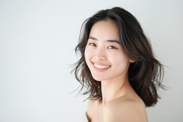 Naklejka premium Beautiful studio portrait of young, stylish asian woman, long hair, smiling and looking at camera with confidence on white background