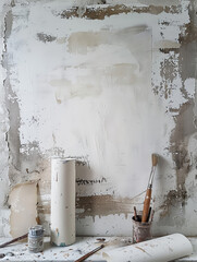 White canvas, white sheet of paper in the artist's studio. Brushes, easels, white walls are all around. Vintage design. Feeling of fullness and creativity. Mocap