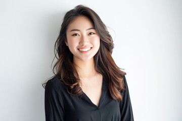 Fototapeta premium Beautiful studio portrait of young, stylish asian woman, long hair, smiling and looking at camera with confidence on white background