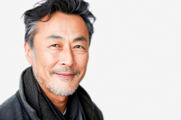 Obraz premium Portrait of old healthy, cheerful handsome middle aged Asian man smiling and looking at camera with white background. Happy aging society, retirement, teeth, health and senior healthcare concept