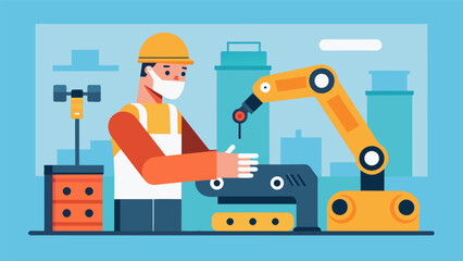 Fototapeta premium A construction worker safely operates heavy machinery with his smart neuroprosthetic hand extensions giving him precision and accuracy in his work..