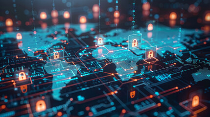 Illustrating global security measures with digital locks on a world map