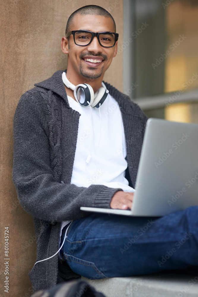 Poster portrait, man and student with laptop, smile and research for project, elearning and internet. face,