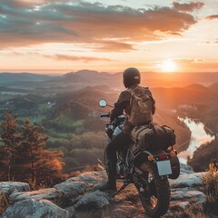 A digital nomad on a motorcycle managing crypto trades from a scenic overlook, mobile office concept