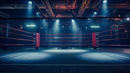 An empty boxing ring under bright spotlights - obrazy, fototapety, plakaty