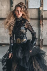 beautiful woman in black leather and tulle skirt, full body photo, in the style of steampunk