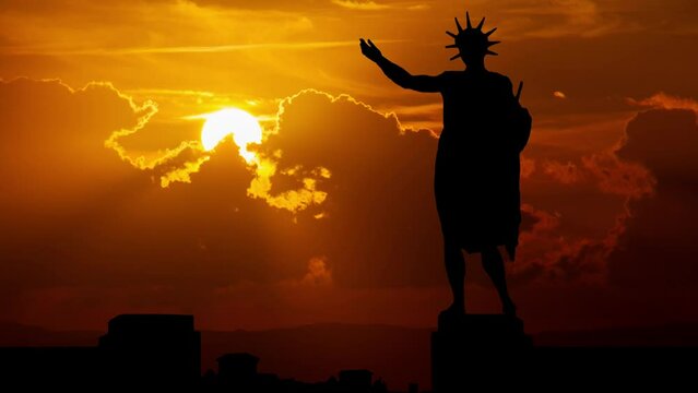 Colossus of Rhodes: Time Lapse at Sunset with Red Sun, Fiery Sky and  Bronze Statue of the Greek Sun God Helios