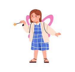 Fairy girl with magic wand, butterfly wings. Cute child character in fairytale costume for carnival party. Adorable happy little kid magician. Flat vector illustration isolated on white background