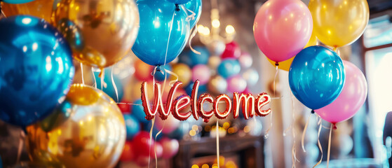 Festive welcome sign spelled out with glittering balloons surrounded by colorful balloons in party setting.