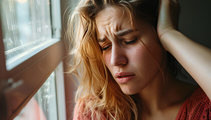 Young woman having panic attack near window