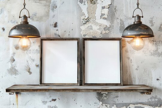 Two blank frames are displayed on a distressed metal shelf in an industrial-style home office