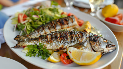 Plate with tasty grilled fish and fresh salad on table
