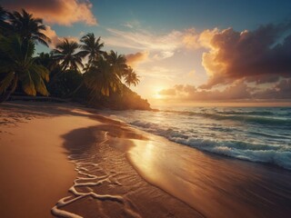 tropical beach sunset peaceful paradise ocean waves palm trees relaxing vacation_destination orange skies 