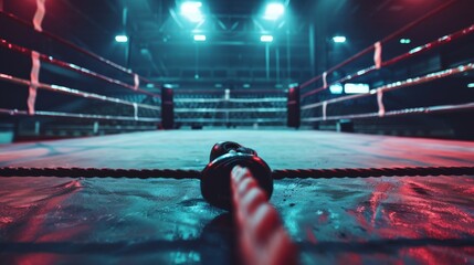 An empty boxing ring with a single boxing glove lying in the foreground. The ring is lit by spotlights and there is a rope in the foreground. - obrazy, fototapety, plakaty