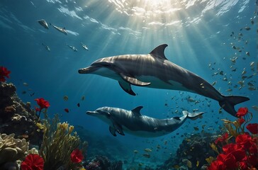 Fototapeta premium shark Dolphin Delight A Romantic Underwater Serenade
