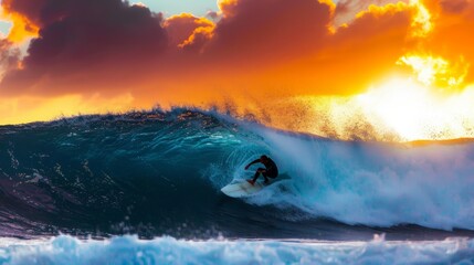 A man is skillfully riding a wave on top of a surfboard in the ocean at sunset - Powered by Adobe