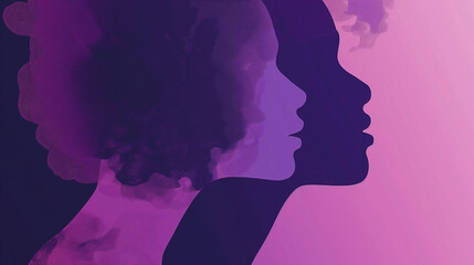 International women's day poster with silhouettes of multicultural women's faces in purple style
