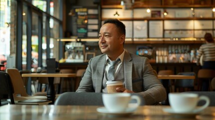 A businessman in a suit sitting at a table, deep in thought, holding a cup of coffee while brainstorming investment ideas