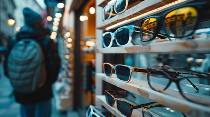 A man walks past a storefront display filled with various sunglasses