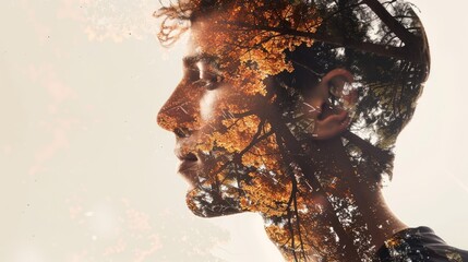 Profile of a mans face blending with trees in the background in a captivating double exposure