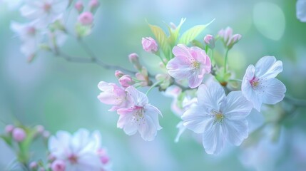 Soft pastel cherry blossoms clustered on a branch, gently swaying in the breeze