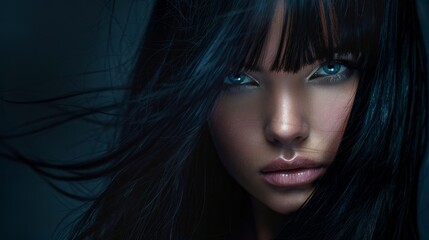 Closeup of a stylish model with long black hair and piercing blue eyes, shot from a low angle