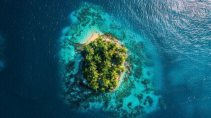 Photo of a fictional lonely island in the middle of the ocean with palm trees, Photo was taken from above