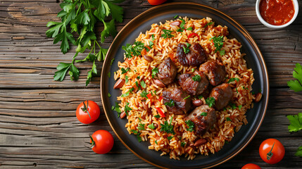 Plate with tasty rice and meat on wooden background