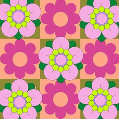 The chessboard background is brightly colored and adorned with a variety of multicolored flowers