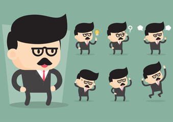 A cartoon character of a businessman with different facial expressions and poses.