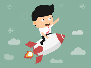 A businessman is riding a rocket. The rocket is taking off. The businessman is smiling and waving.