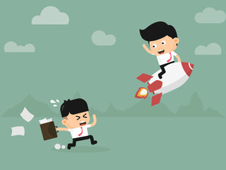 Businessman flying with a rocket leaving his competitor behind.