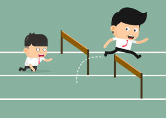 Businessman jumping over hurdles while another one is crawling under it.