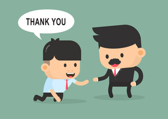 The image shows a businessman kneeling and thanking another businessman. The image could be used to illustrate a story about gratitude or to promote a product or service.