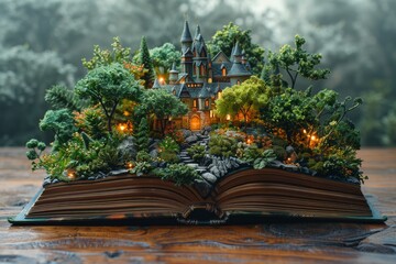 An open fantasy novel rests on a wooden table, surrounded by miniature castles nestled amidst lush green leaves and forest trees.