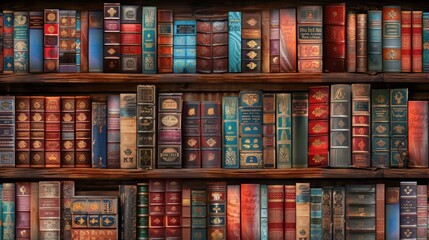 Mysterious Library Bookshelf background with many Antique Books arranged