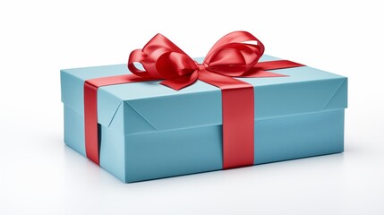 Obraz premium Elegant blue gift box with a glossy red ribbon and bow isolated on a white background