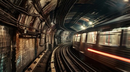 A subway train speeds through a dark tunnel beside a train platform