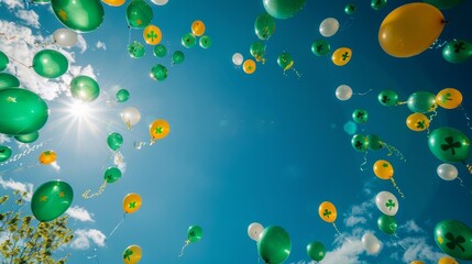 A bunch of balloons in assorted colors floating gracefully in the clear blue sky against a backdrop of a St. Patricks Day banner