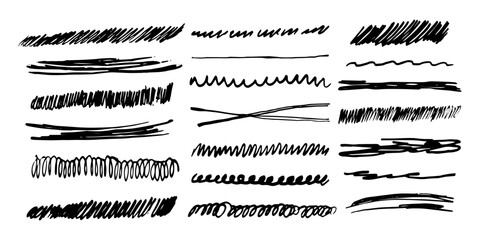 Underlines emphasis set brush stroke, marker lines grunge curve, wavy marks textured simple borders strikethrough isolated on white background. Creative collection scribble brush or crayon checks