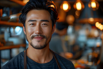 Fototapeta premium Asian Bartender in a Restaurant A Portrait of Detailed Facial Features