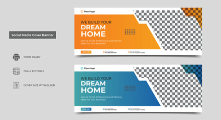 Construction social media cover banner design template. Home improvement web banner template. Dream home for sale social media cover banner template.